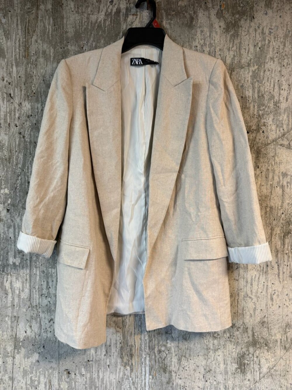ZARA Women's Linen Blazer With Rolled Sleeves Size M In Light Beige